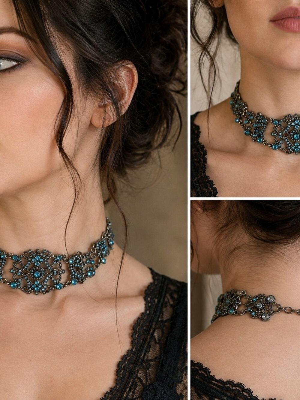 Turquoise Blue Rhinestone Filigree Choker Necklace Victorian Boho Silver Tone